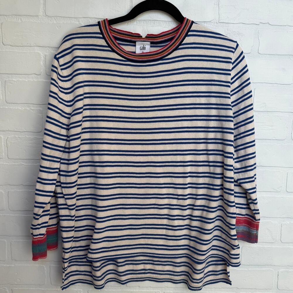 CAbi Women's Blue and Cream MultiColored Hem Striped 3/4 Sleeve Sweater sz M